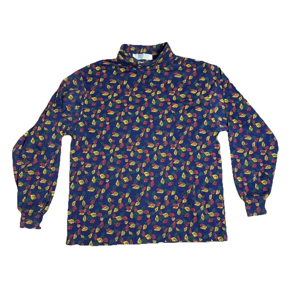 Vintage 90s Karen Scott Leaf Print Turtleneck Cottagecore Top Fits Medium (XL) - Picture 2 of 7